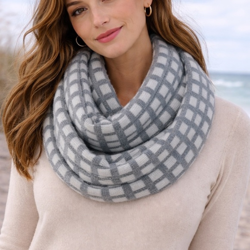 J. Crew Wool blend Gray and Cream Check Infinity Scarf